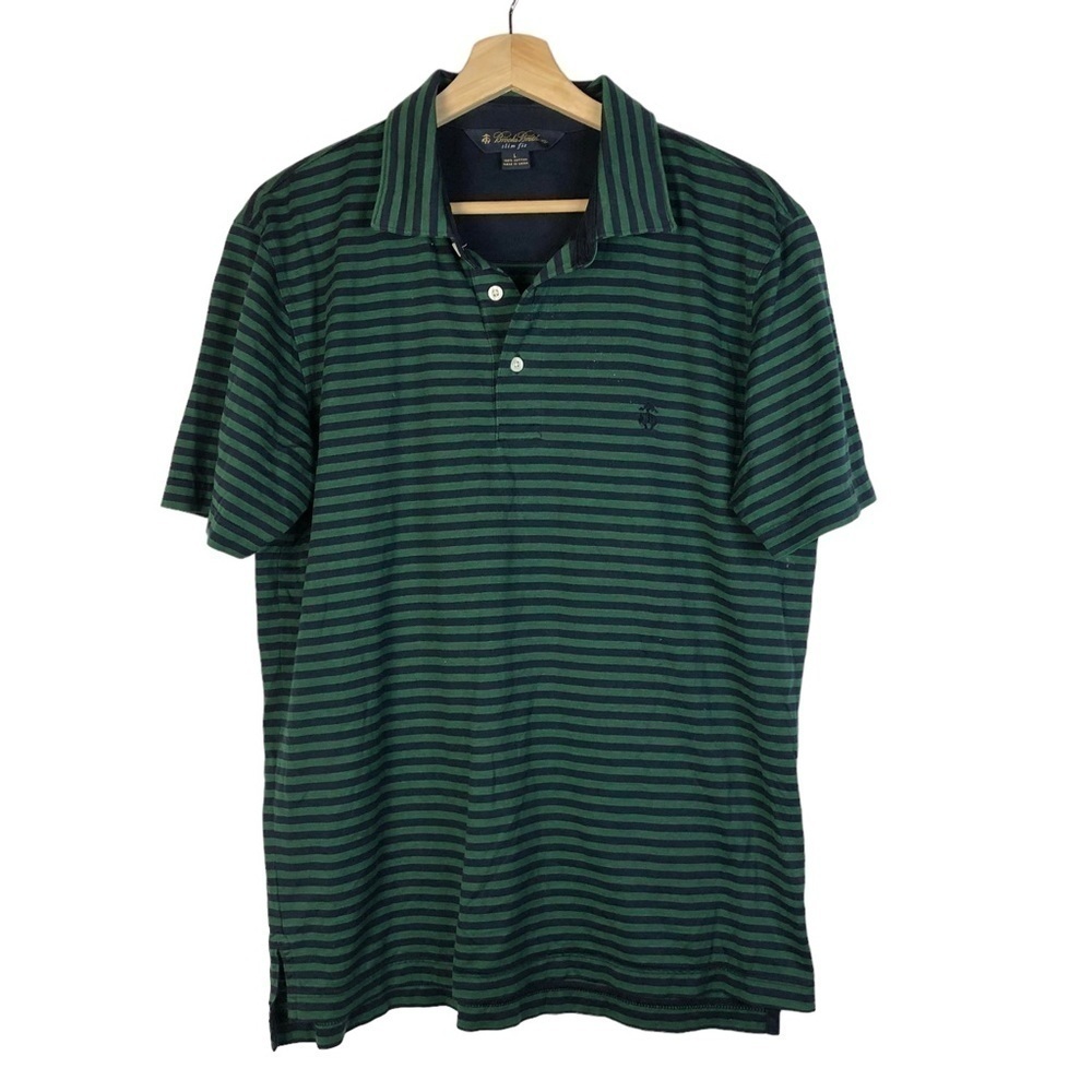 Brooks Brothers‎ Slim Fit Green & Blue Stripe Short Sleeve Polo L